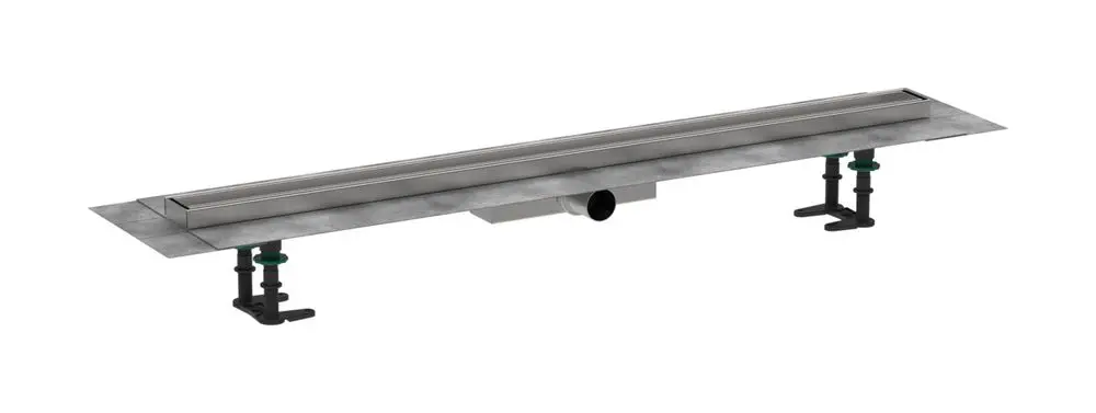 Lange Duschrinne aus Edelstahl mit horizontaler Öffnung, geeignet für den flachen Einbau und befliesbar, mit Halterungen zum sicheren Fixieren, von der Marke Hansgrohe.